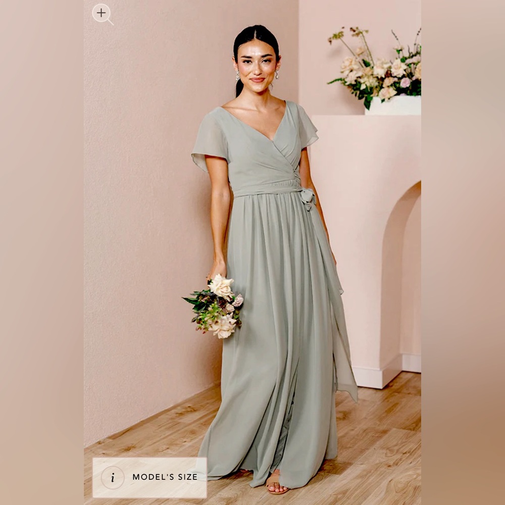 Revelry Harper Chiffon Faux Wrap Bridesmaid Dress in Eucalyptus Green- Size 6.